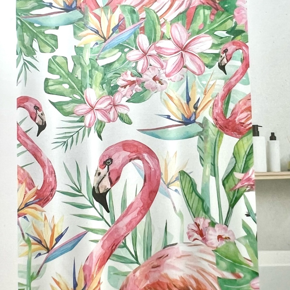 Tropical Palm & Flamingos Peva Shower Curtain Birds of Paradise Flowers Leaves
